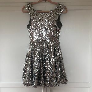 Trixxi Silver Full Sequin Cap Sleeve Skater Dress
